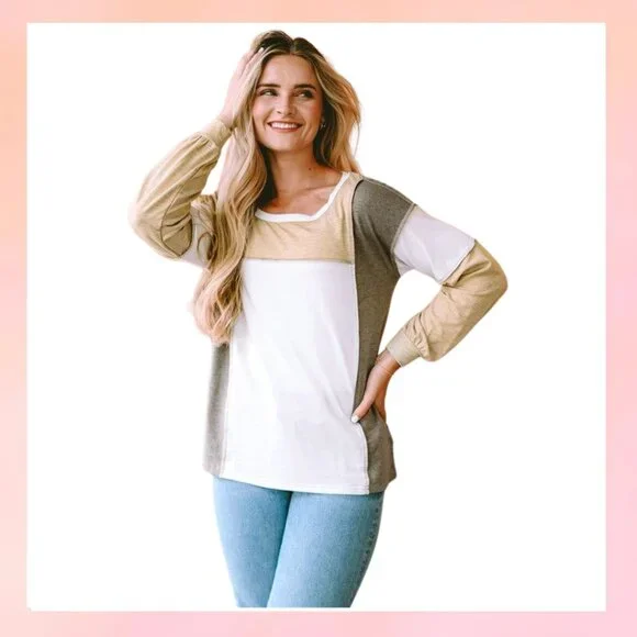 Military Green/Nude Exposed Seam Color Block Patchwork Top - Picture 1 of 5